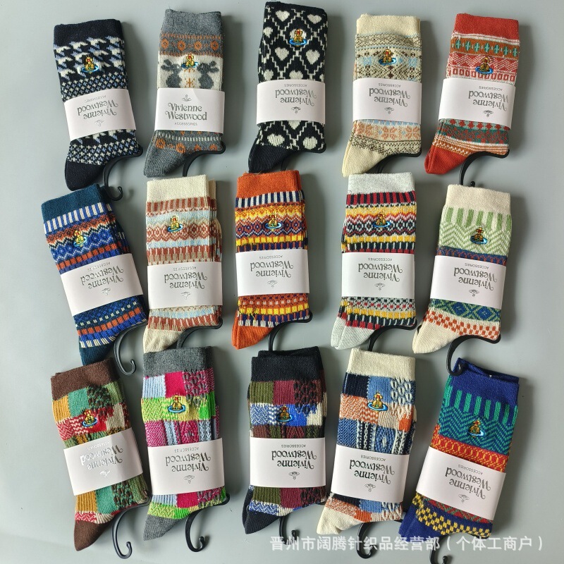 Japanese Empress Dowager Saturn Embroidered Women's Vintage Two-Needle Two-Way Cotton Mix Mid-High Knitted Plaid Socks