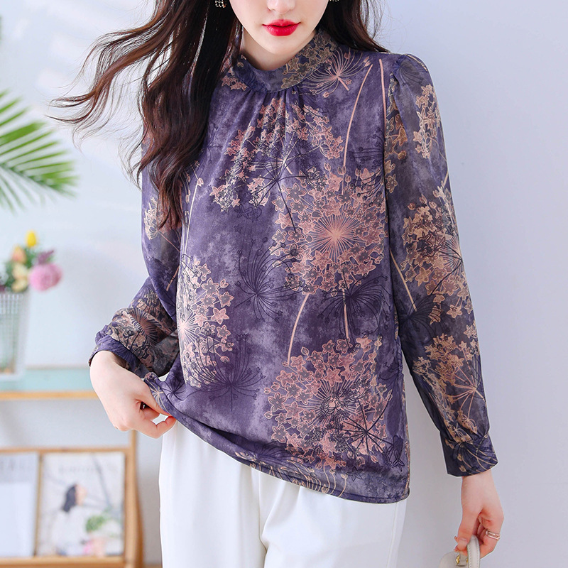 브랜드 실크 셔츠 여성의 가을 새로운 긴팔 티셔츠 탑 하이 엔드 뽕나무 실크 작은 셔츠 패션 프린트 셔츠