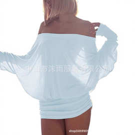 跨境欧美2026亚马逊新款一字肩蝙蝠袖连衣裙纯色气质时尚性感短裙