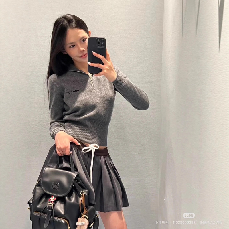 Mm Brand 25Ss Autumn and Winter New Half-Zip Lapel Waist-Cinching Knitted Long-Sleeve Fashionable Versatile Chanel-Style