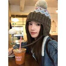 费尔岛复古滑雪毛线帽女秋冬东北加厚保暖护耳帽子毛球针织帽冬天