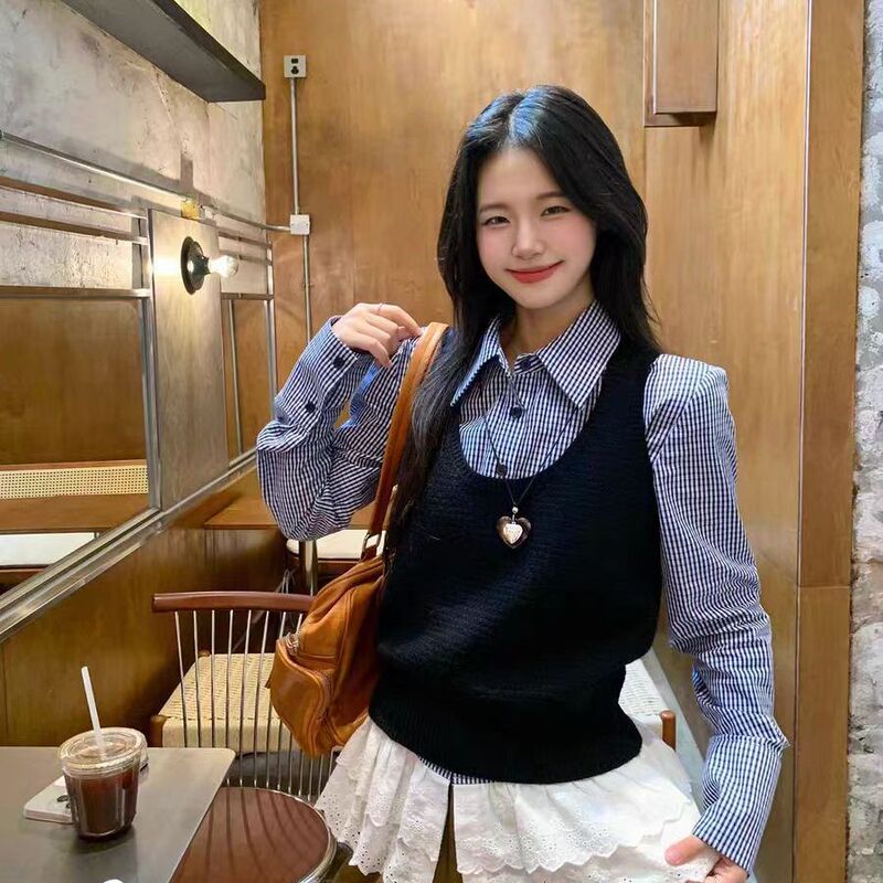 韩系气质花边拼接衬衫女秋季超好看显瘦长袖格纹衬衣百搭修身上衣|undefined