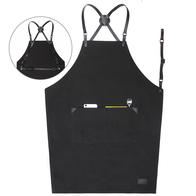 Comercio exterior delantal de lona gruesa peluquería cafetería panadería ropa de trabajo PU cuero correa ajustable delantal al por mayor