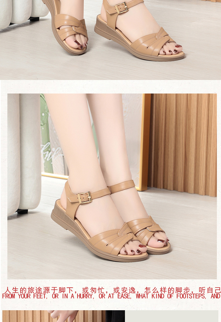 Sandal da bò đế bằng cho nữ trung niên, đế mềm chống trơn mùa hè — Màu be chi tiết 13