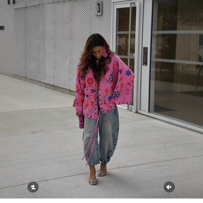 Cross-Border European and American Export 2025 Autum New Product V Neck Elegant Loose Embroidered Kaftan Printed Long Shirt Jacket