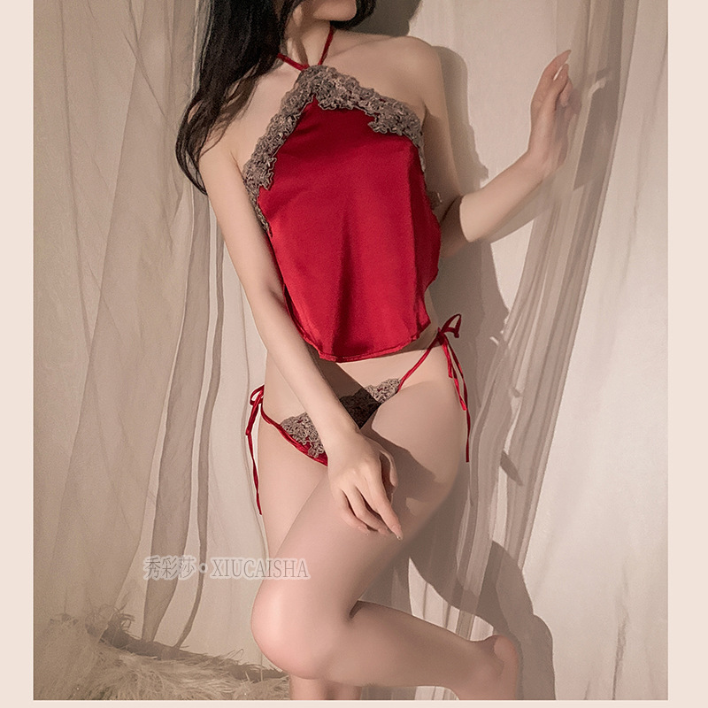 Retro Lace-up Bellyband Pajama Set with Matching Briefs, Wine Red Polyester — detail image 12