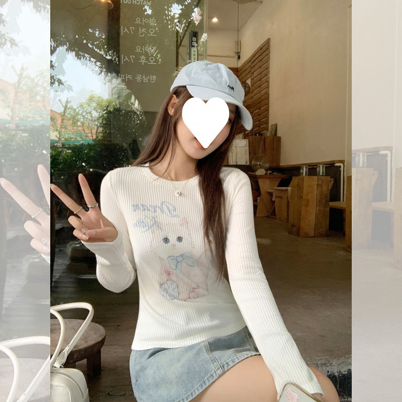T9O Sweet Spicy Girl Cute Knitted Print Long Sleeve T-Shirt for Women, New Summer Design Versatile Top