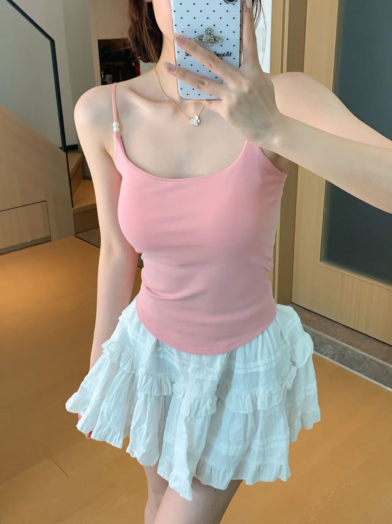 2025 Summer Pure Desire Pleated Thin Shoulder Straps Adjustable Pearl Design Camisole Women's Waist Slimming Inner Wear
