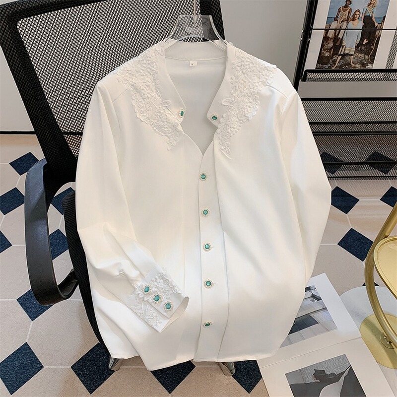 Unique Men's and Women's High-End Embroidered Shirts with Lace Gemstone Buttons, Padded Shoulders, Light Luxury Long-Sleeve Shirts with a Stylish Design