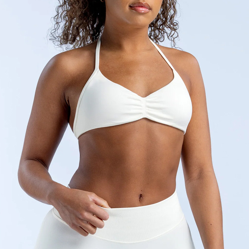 DF mismo estilo de nailon mate de alta elasticidad Amazon cuello halter parte de atrás bonita Sujetador deportivo de secado rápido para correr fitness yoga