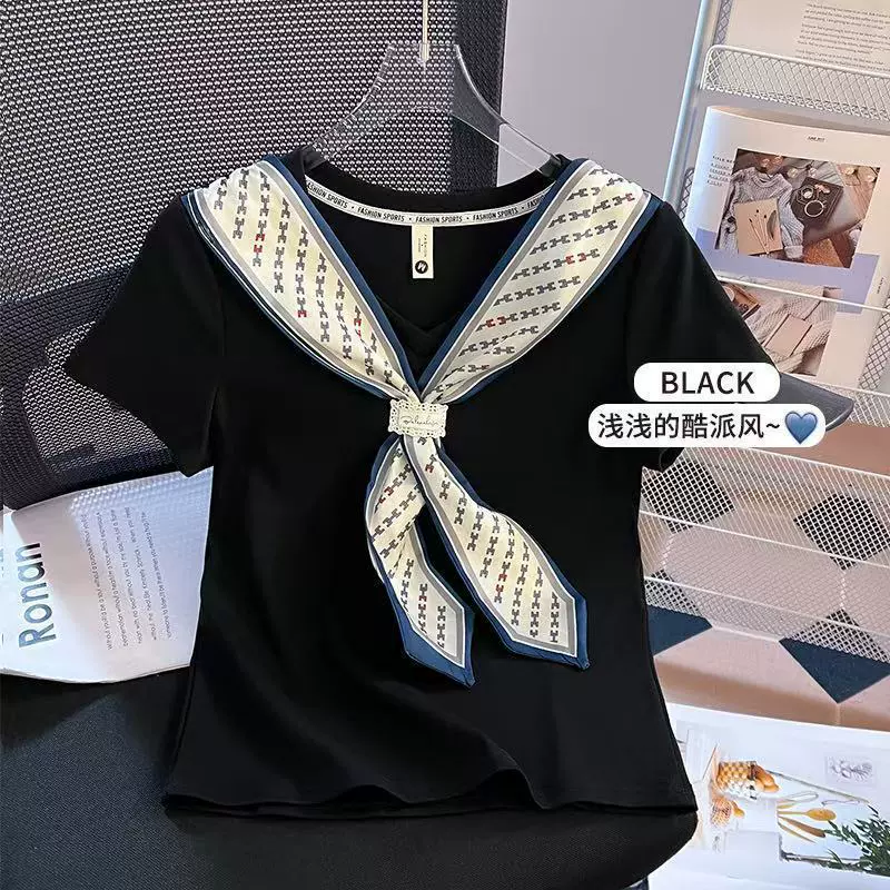 夏季韩版丝巾T恤设计高级感T恤2025新款小众洋气显瘦时髦百搭上衣