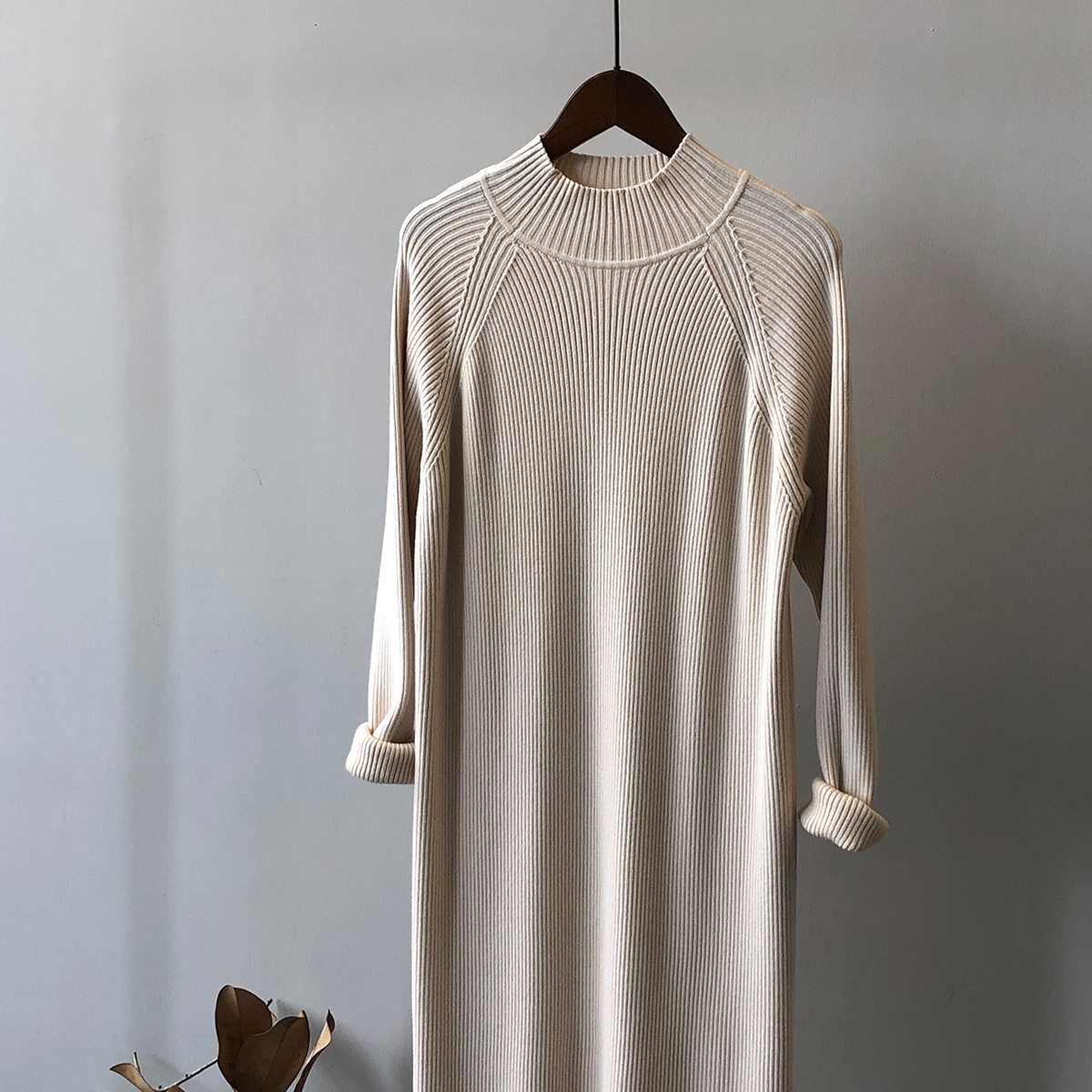 Knitted Dress Women Winter Half Turtleneck Bottoming Sweater Mid Length Overknee Dress