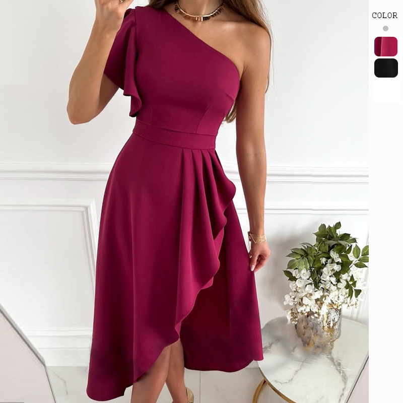 European and American Women's Clothing 2026 Cross-Border New Solid Color One-Shoulder Slim-Fit Mid-Length Irregular Hem Dress