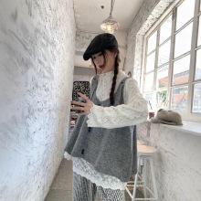 实拍~早春减龄韩版宽松显瘦蕾丝打底马甲针织条纹裤子三件套74029