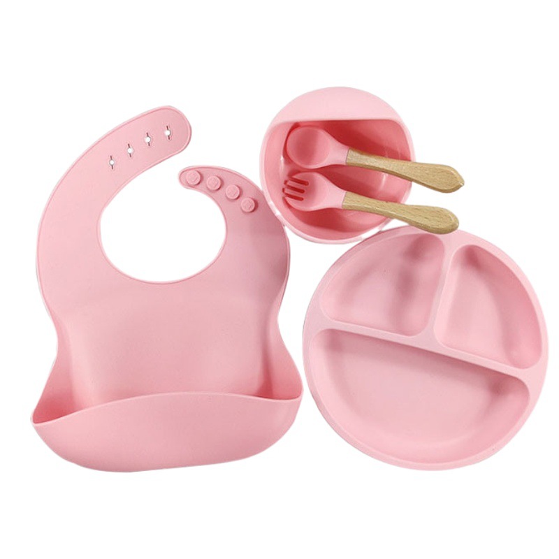 Venta caliente transfronteriza promoción precio bajo suplemento alimenticio de silicona para niños plato tazón tenedor cuchara babero seis piezas vajilla certificación completa
