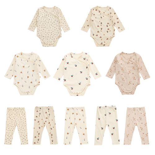 European and American infants and young children cotton long-sleeved crawl clothes wholesale cartoon cute thin air-conditioned clothes for male and female babies two-piece set