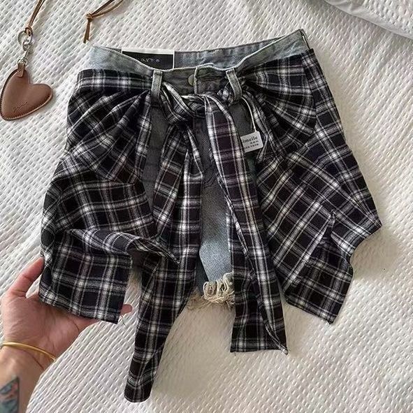 2025夏季新款美式做旧叠穿高腰毛边牛仔短裤格子屁帘设计两件套潮
