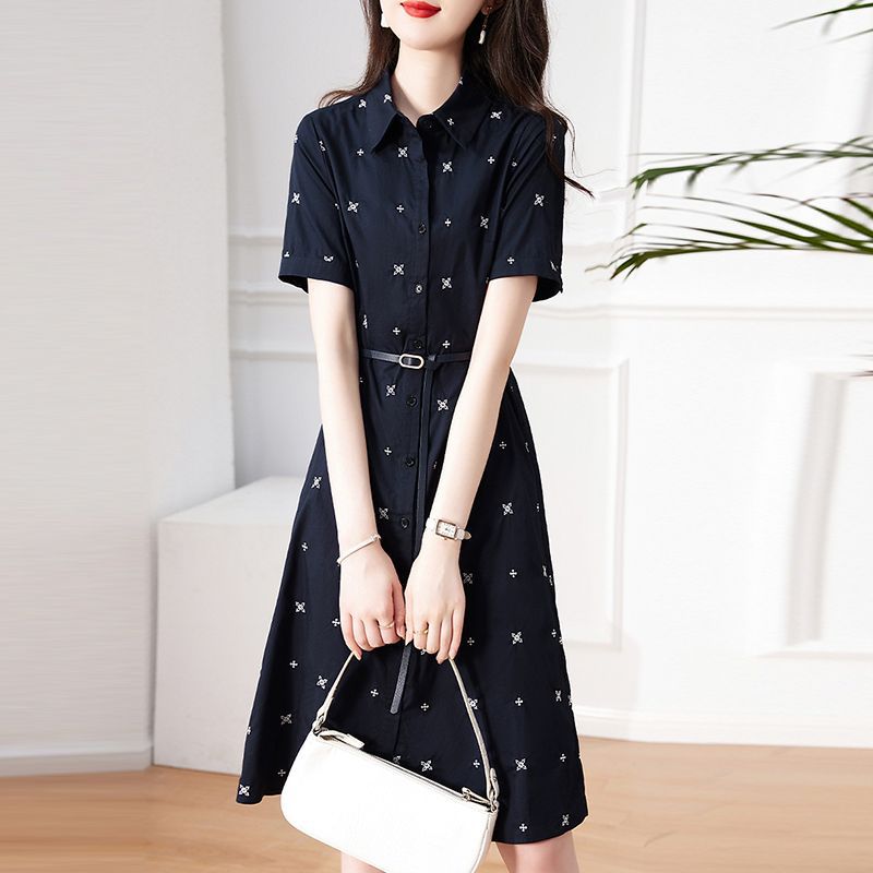 Váy sơ mi nữ cổ POLO tay ngắn in họa tiết thắt eo — màu xanh hải quân chi tiết 13
