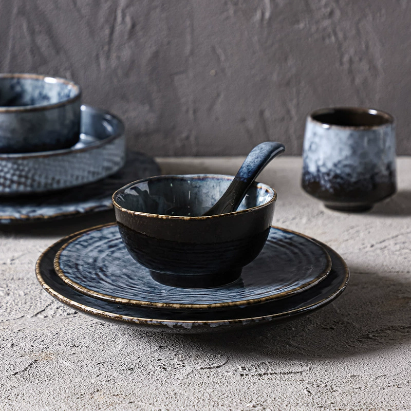 Ceramic tableware set, Japanese retro marble glaze, premium light-luxury design