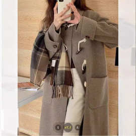 休闲气质牛角扣毛呢外套女2024春秋新款中长款高级感呢子大衣小个