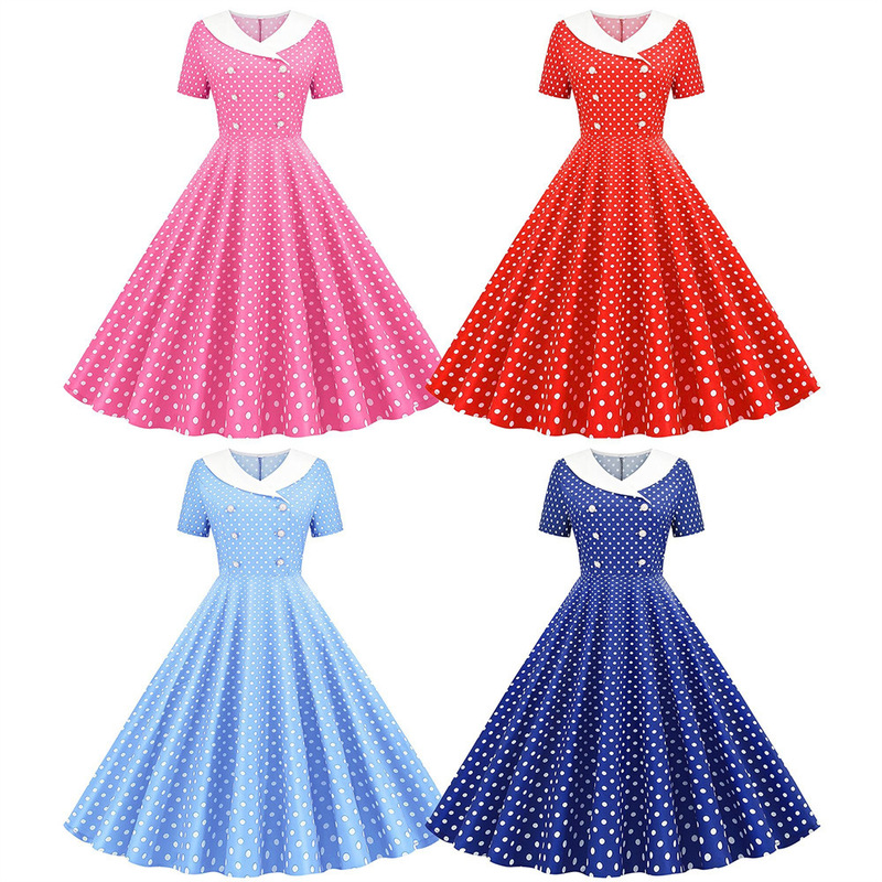 Factory supply hot 2022 summer new polka dot printed short sleeve V-neck double-breasted printed large swing dress