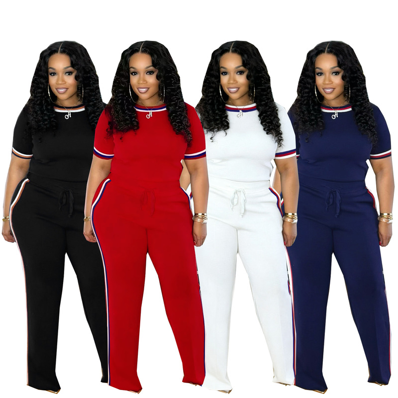 Tw825 Cross-Border Amazon European and American Spring and Summer Fashion Women's Trendy Patchwork Ribbed Color-Blocking Loose Casual Two-Piece Set