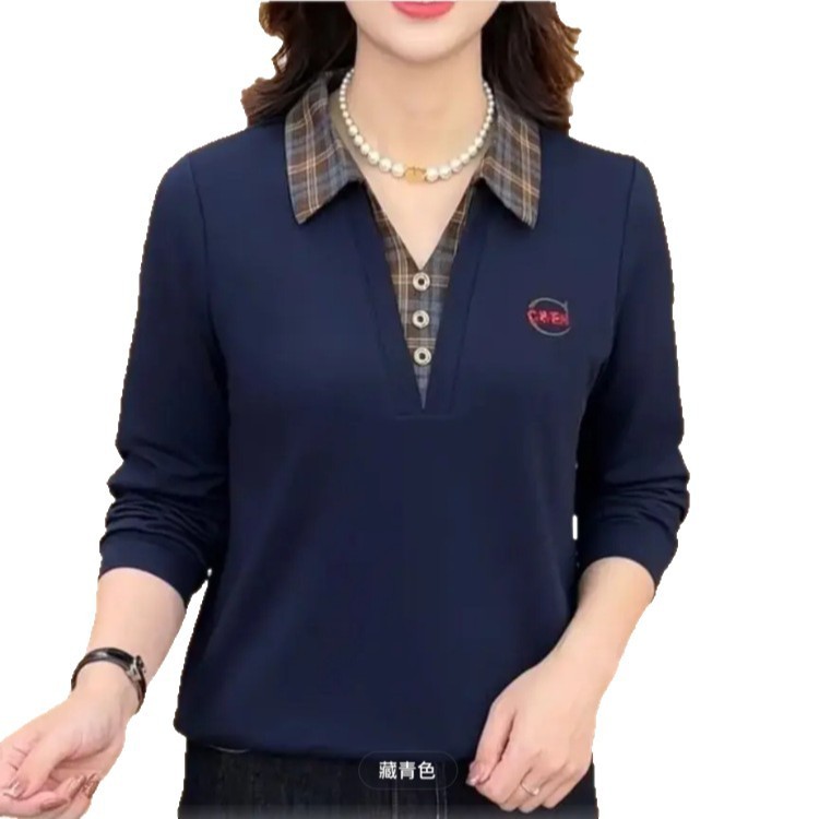 一件代发直播爆款2025春秋季新款翻领假两件长袖T恤女上衣妈妈装|undefined