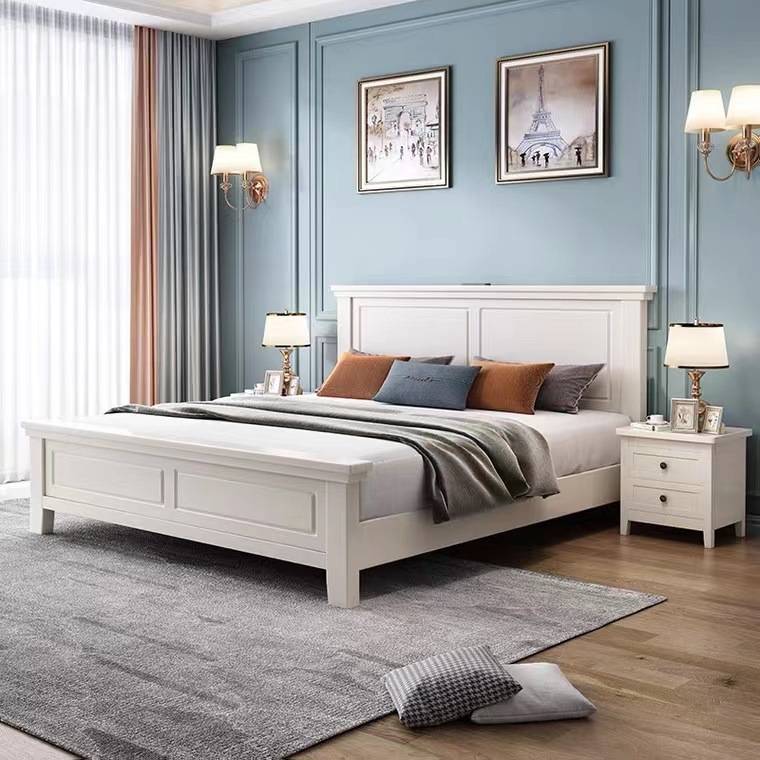 White solid wood bed modern minimalist 1.8 -meter double bed American style 1.5 -meter single high box storage bedroom bed frame