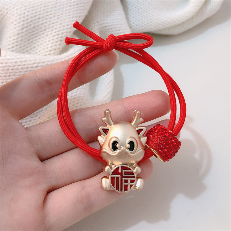 Año del Dragón Zodiaco de alta sensación metal rojo Año Nuevo anillo de cabello de alta altura cuerda elástica cuerda de cabello festiva adornos para el cabello