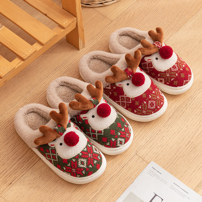 New cross-border cute Christmas reindeer cotton slippers for women, winter home warm cotton slippers, non-slip plush cotton slippers New cross-border cute Christmas reindeer cotton slippers for women, winter home warm cotton slippers, non-slip plush cotton slippers