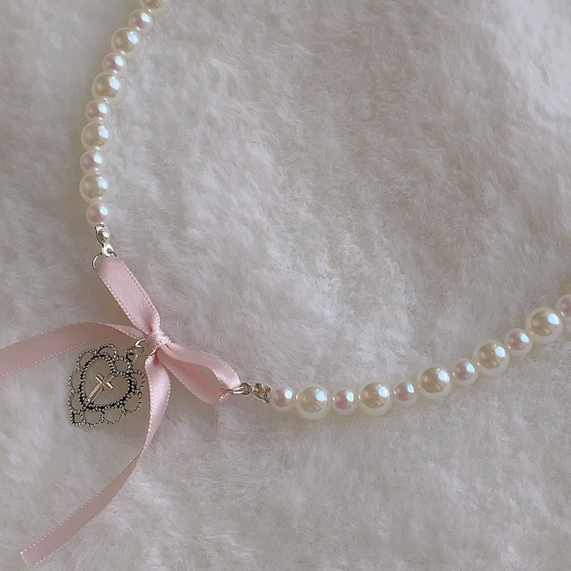 European And American Cross-Border Hot-Selling Pink Bow Heart Cross Pearl Choker Necklace Manufacturer Direct Wholesale_voghion.com