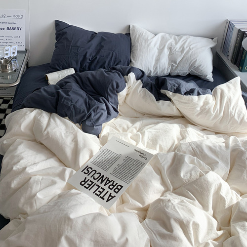 Color-blocked four-piece washed cotton summer bed three-piece dormitory bed sheet quilt cover solid color simple bed sheet quilt cover