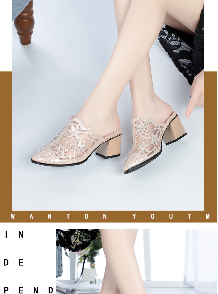 Giày cao gót da thật nữ mũi tròn bít, đế thấp thoải mái, có lỗ lưới đính đá Rhinestone — Màu be chi tiết 10