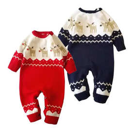 定制26新款圣诞跨境外贸童装欧美婴儿针织连体衣儿童毛衣爬服批发
