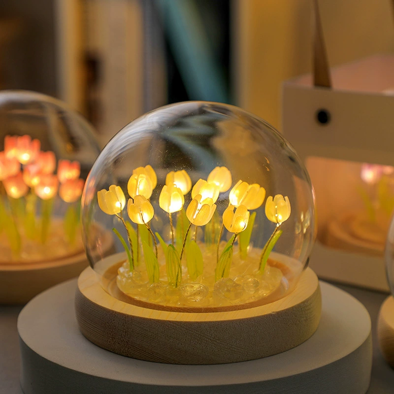 Night light tulip lamp, creative table lamp, battery or glass shade, 9–20 tulips, 13×13×15 cm