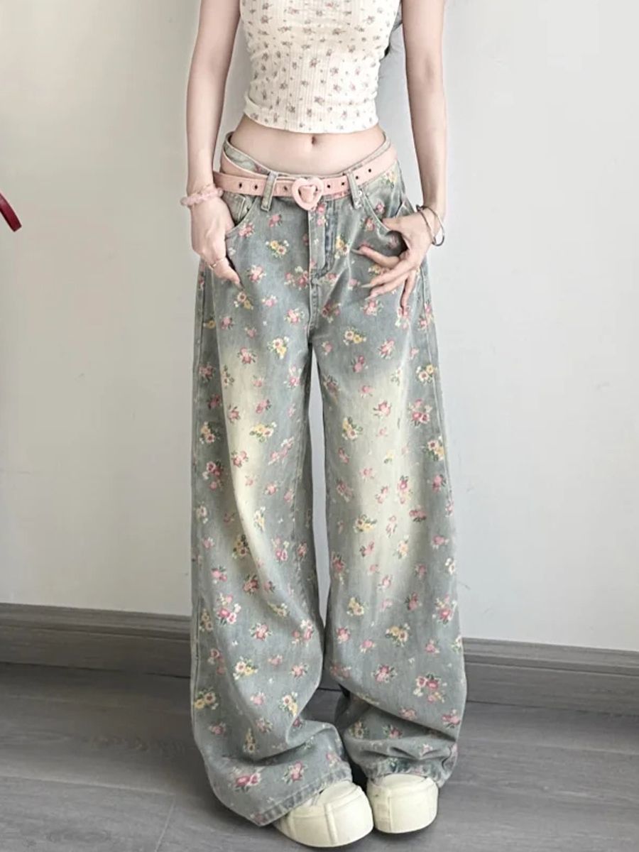 Damen Jeans Mit Blumenmuster Vintage Schnitt Hohe Taille Weit_voghion.com
