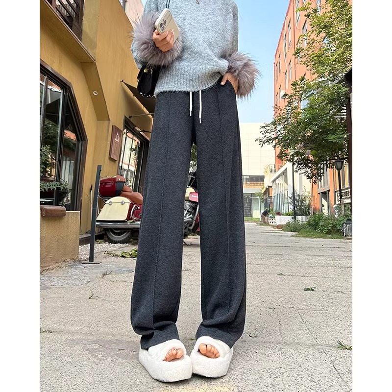 Pantalones de arroz pegajoso gris oscuro para mujeres de invierno y otoño 2024 pantalones de invierno de piernas anchas pantalones casuales relajados