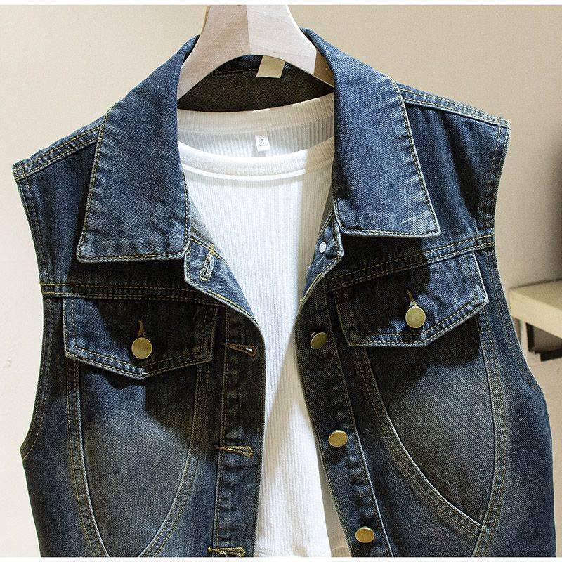 Primavera y otoño nuevo chaleco vaquero femenino retro versión coreana relajada, delgada, corta, chaleco sin mangas