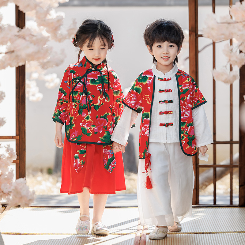 男童女童春秋季漢服2024新款兒童裝東北大花唐裝中國風表演服套裝