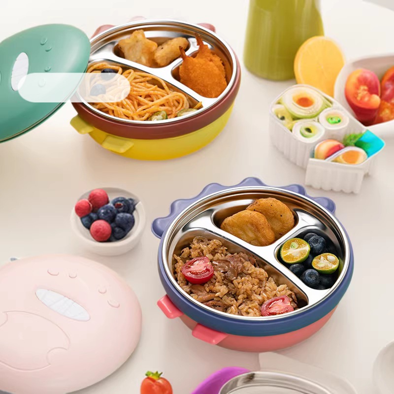 Children's Cartoon Stainless Steel Water-Filled Insulated Bowl Dinosaur Shape Removable Compartment Plate Complementary Food Meal Baby Bowl