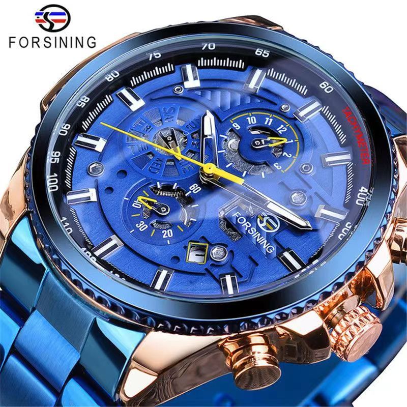 Una generación impermeable FORSINING tres ojos y seis agujas reloj mecánico automático para hombre reloj para hombre reloj con correa de acero
