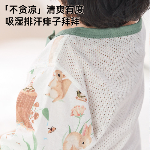Baby pajamas, thin summer style, air-conditioned room belly-protecting onesie, unisex cotton long-sleeved sleepwear with button opening to prevent kicking