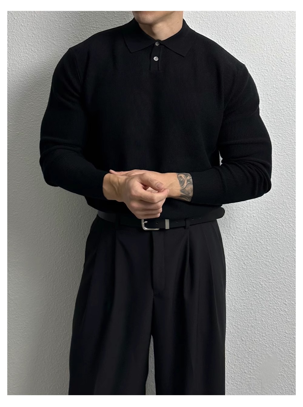 Oversized Polo Knit Sweater For Men – Business Casual Long Sleeve Pullover, Plus Size European Fit (Black/Beige/Gray)_viptrois.com