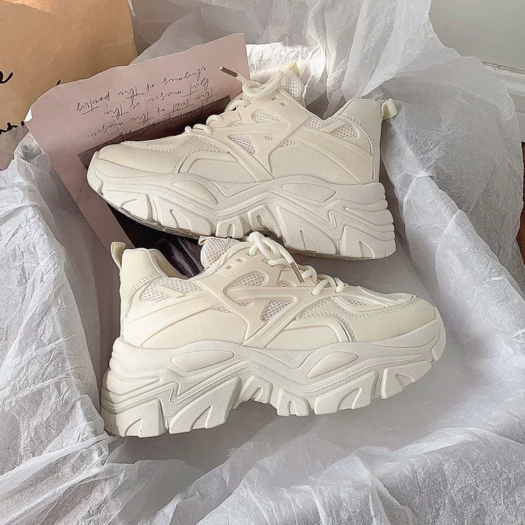 Женские кроссовки на толстой подошве 2025 года, осенние, однотонные, на шнуровке, для студентов, повседневные, дышащие, оптом