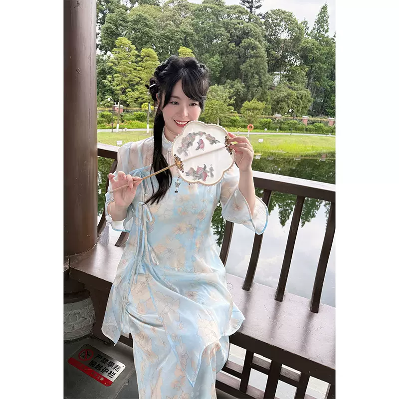 51701新中式国风旗袍2025秋季新款斜襟复古碎花立领盘扣大码套装