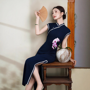 Xia Lu 2025 Summer New Improved Cheongsam Single-Layer Retro Slim Long Dark Blue Embossed Silk Breathable Cheongsam