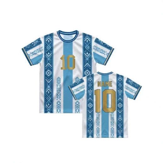 Argentina style football jersey with ethnic pattern concept, blue and white striped sports short sleeve shirt