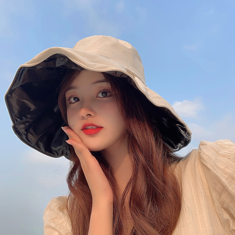 日本UV黑膠防曬遮陽帽子女夏季遮臉防紫外線太陽帽韓版大沿漁夫帽