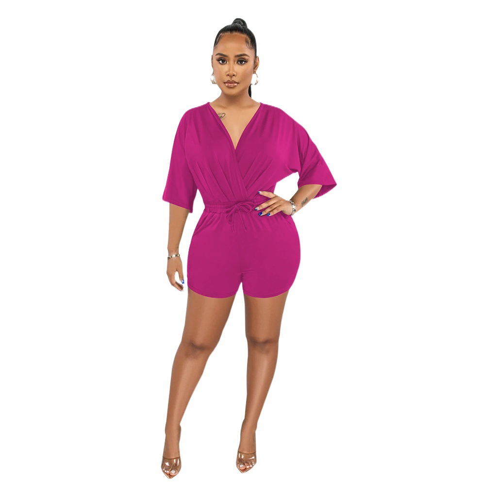 10456 transfronteriza europea y americana Estación independiente de las mujeres 2023 nuevo color sólido cuello en V cintura apretada mono moda Pantalones cortos Casuales