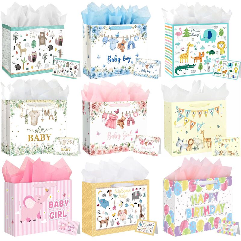 Baby shower gift bags, tote bags for baby showers, suitable for both baby boys and girls, complete with cardstock and tissue paper Baby shower gift bags, tote bags for baby showers, suitable for both baby boys and girls, complete with cardstock and tissue paper